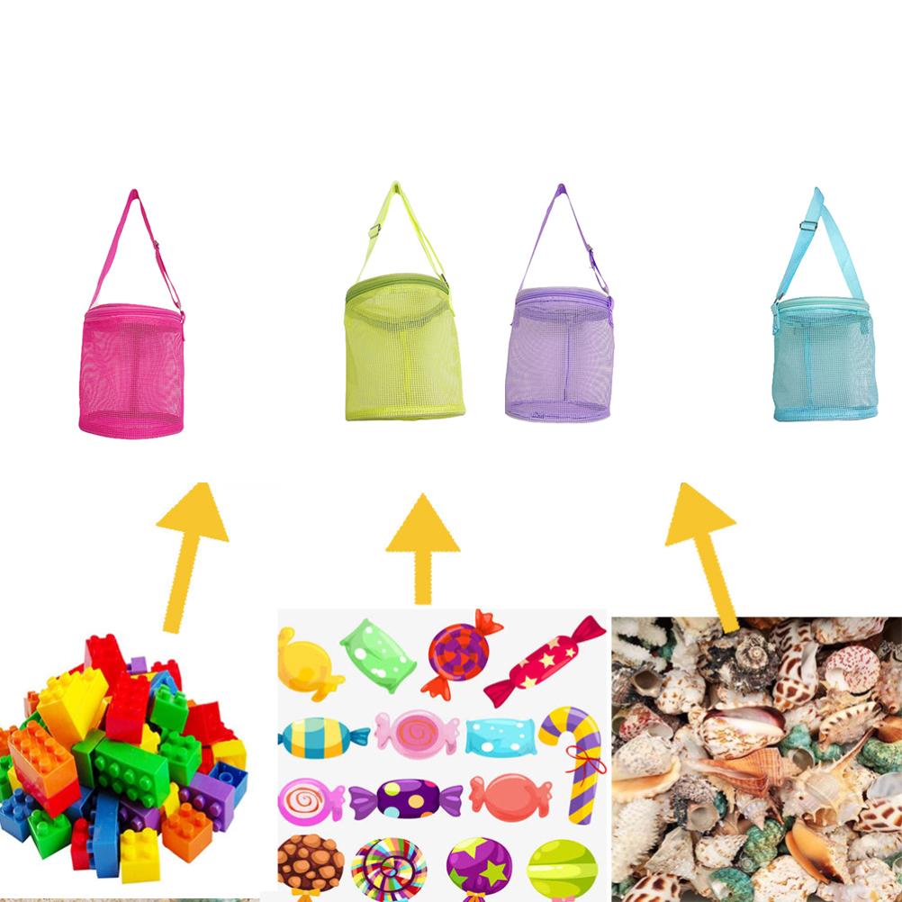 Bolsa de Malha para Crianças com Conchas Tote Cilindro Sacos para Coletar Conchas Bolsa de Brinquedos de Praia com Zíperes Alças de Transporte Ajustáveis