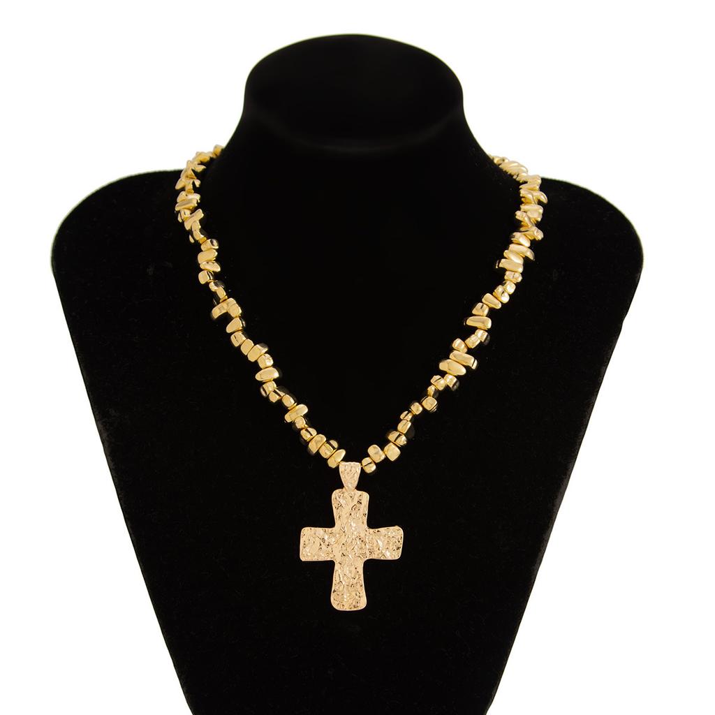 Sense Of Design Slightly Inlaid Imitation Pearl Cross Pendant Necklace, Creative Irregular Ccb Beaded Necklace