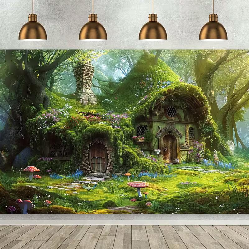 2D Enchanted Cottage Tapestry, Magical Forest Hobbit House & Mushroom Wall Art for Kids Bedroom & Nursery