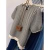 Women Summer Striped Knit Short Sleeve Top With Fringe Hem