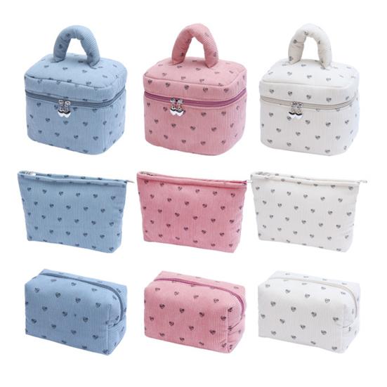 Corduroy Makeup Bag with Heart Pattern Portable Travel Cosmetic Bag Zipper Makeup Pouch Toiletry Organizer Purse for Women Girls