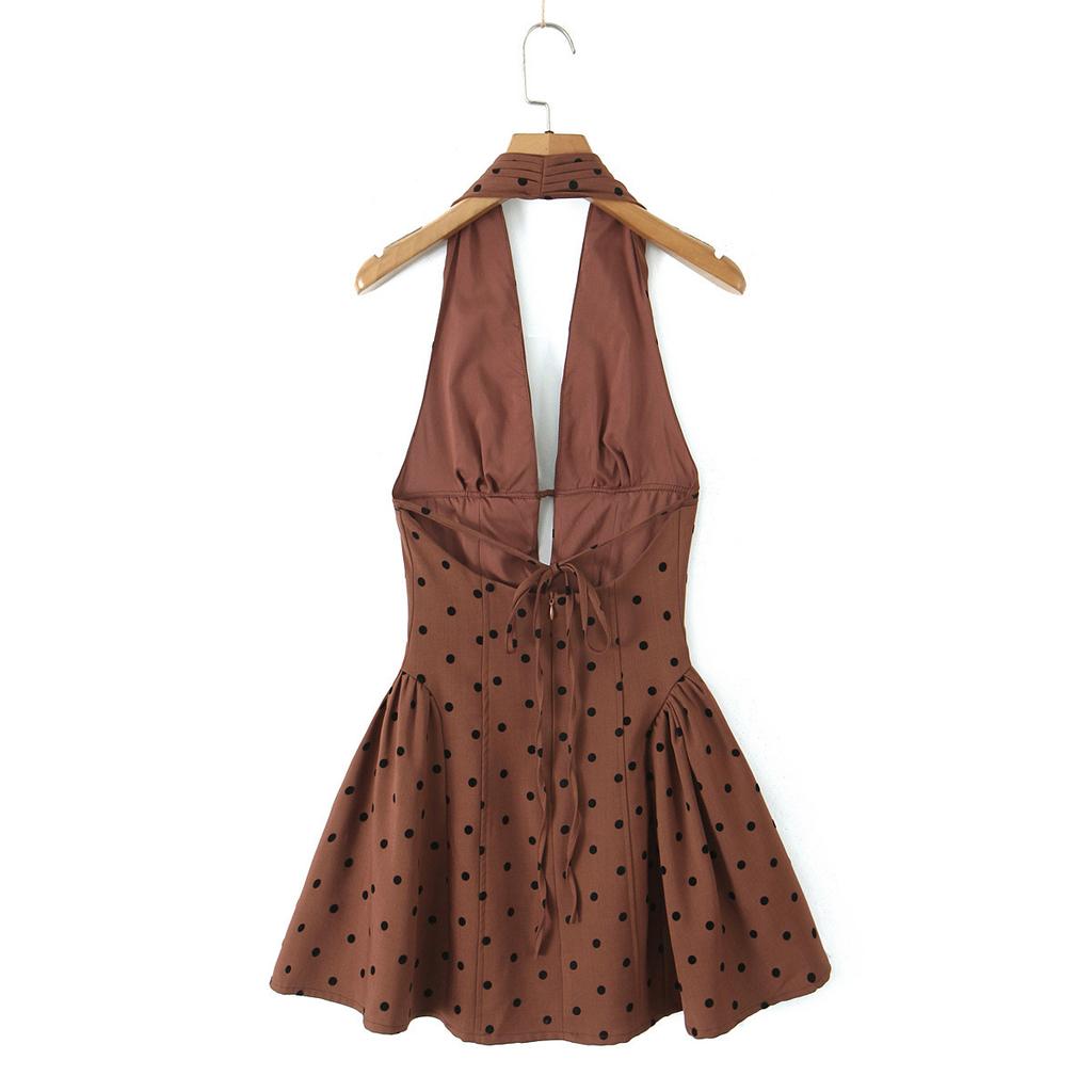 French niche sexy deep V-neck strap waist retro flocked polka dot neck dress sweet hottie skirt