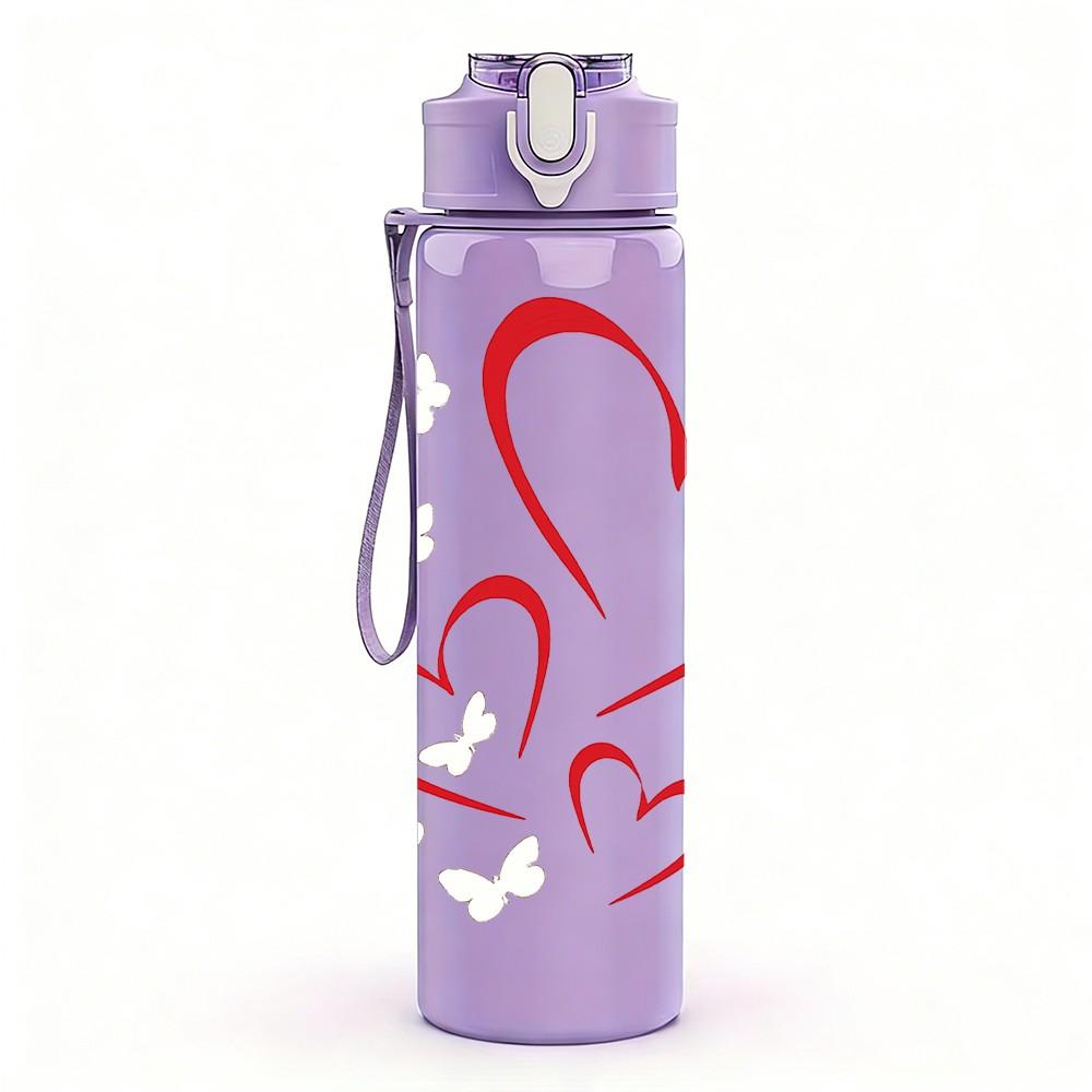 1PC Two Overlap Red Heart Line Print 750ml Color Plastic Sports Water Bottle Leakproof Flip Straw Lid Suitable for Sports Office Home Use