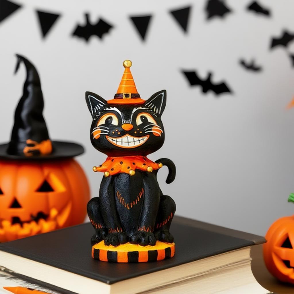 Vintage Style Halloween Cat Fun Whimsical Resin Table Centerpiece Decor Unique Gift Bright Color Happy Halloween Party Trick Or