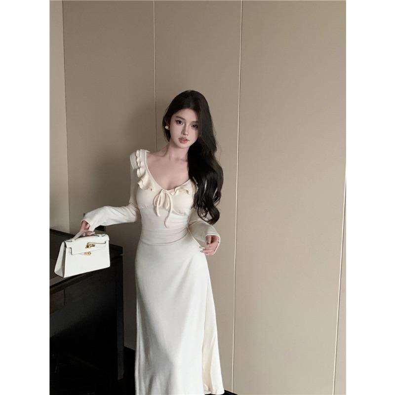 Spring Autumn Women's Elegant Ruffles Lace Up Dress Ladies Solid Color Temperament Slim Knitting Robe Vestidos