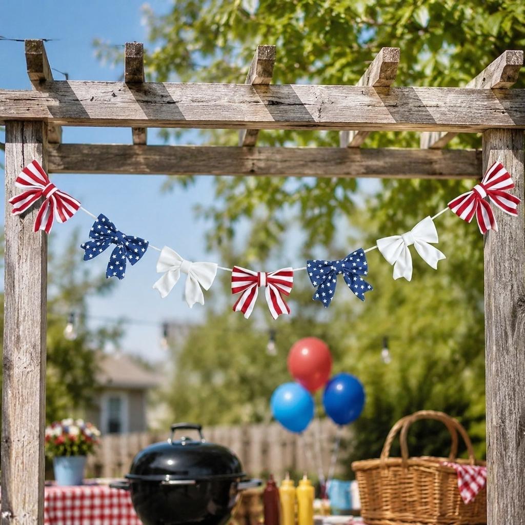 Patriotic Bow Garland Banner for Holiday Ceremony Home Decoration Arch Shaped Hanging Ribbon Bows for Indoor Outdoor Use