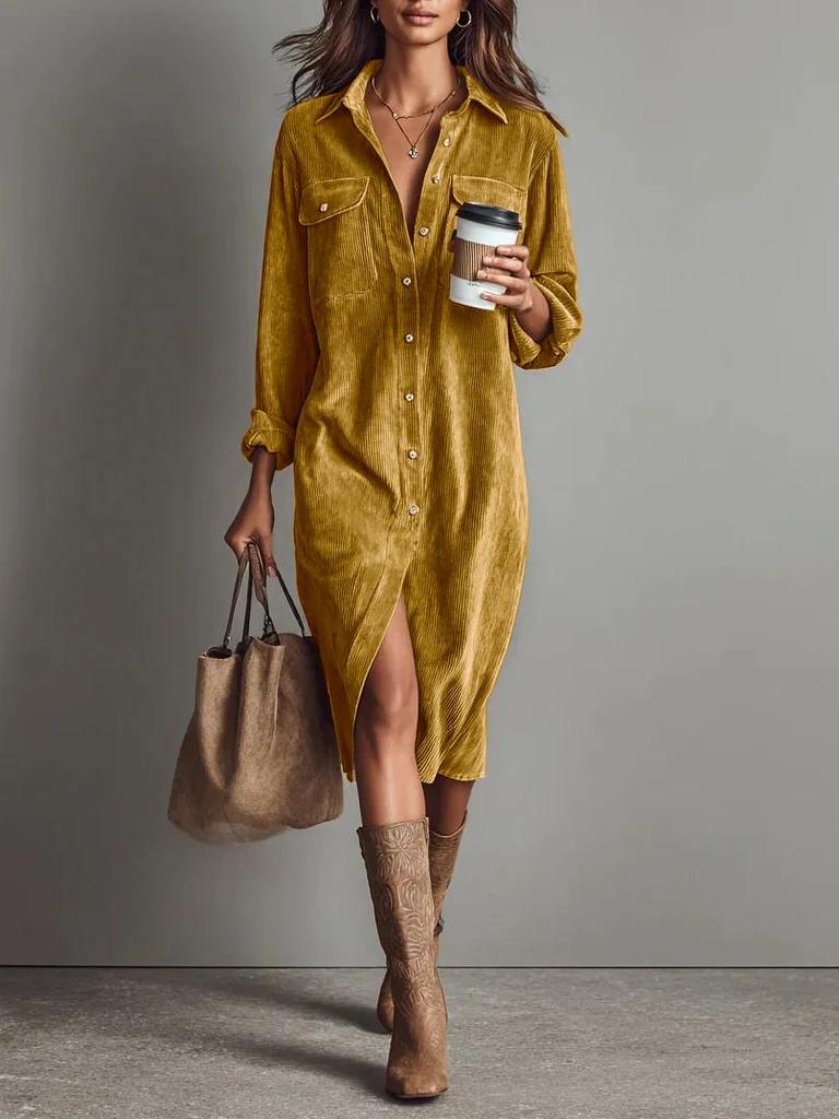 Corduroy Long-Sleeve Dress: Europe & America Fashion Trend Loose Lapel Shirt Skirt