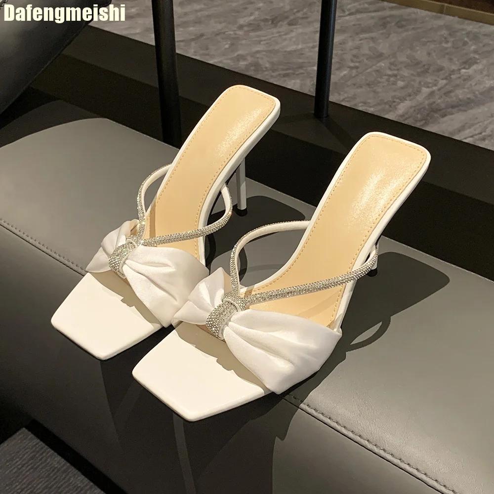 Fashion Purple Satin Rhinestone One-Strap Sandals for Women 2025 Summer New Bow Open-Toe Thin High-Heeled Slippers Casual Fashion Slides
