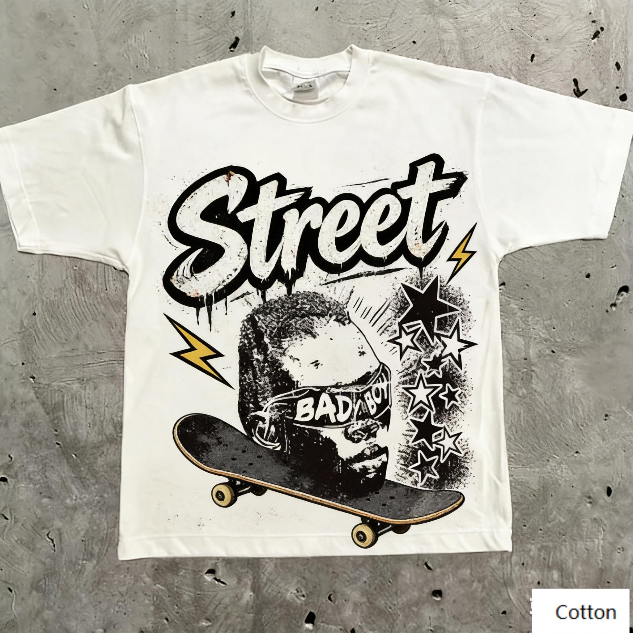 

TShirt with Skateboard Portrait Graphic Loose Streetwear Style Soft Heavyweight Fabric Classic Crew Neck for Trendy Daily 4XL