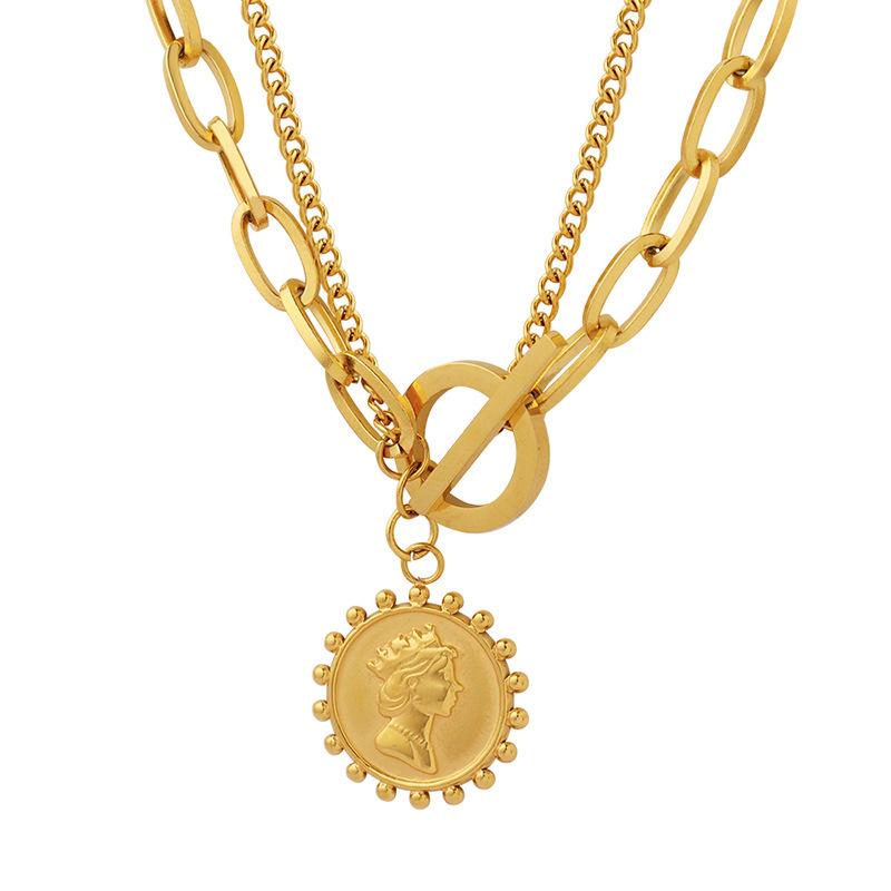 European Style 18K Gold Plated Titanium Steel Queen Portrait Double Layer Necklace