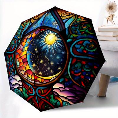 1pc Stained Glass Window Folding Umbrella With Excellent UV Protection, 8 Ribs Casual Durable Lightweight Portable Travelling Umbrella For M