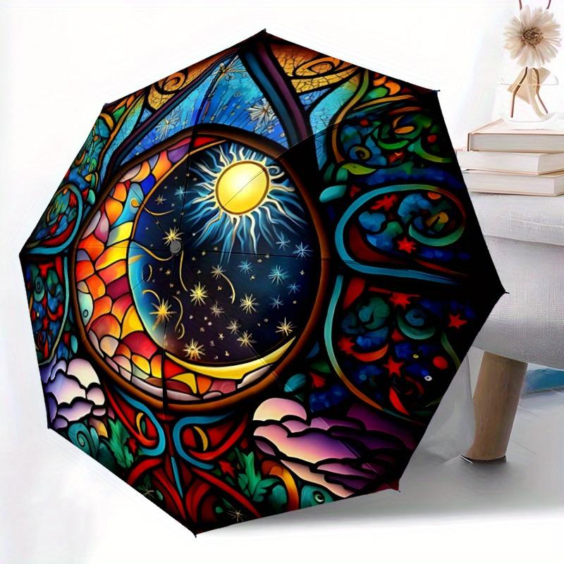 1pc Stained Glass Window Folding Umbrella With Excellent UV Protection, 8 Ribs Casual Durable Lightweight Portable Travelling Umbrella For M