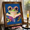 Cute Reading Frog Pearl Art Canvas with Frame 3D Shiny Bead Painting for Modern Room Decor, Relaxing Craft and Unique Creative Gift Idea