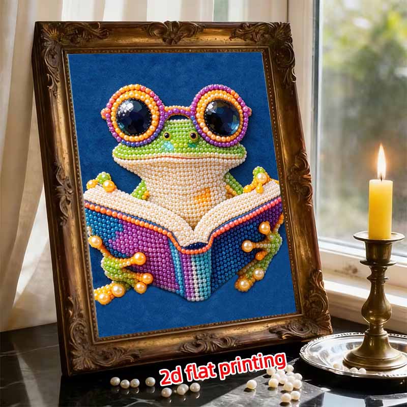 Cute Reading Frog Pearl Art Canvas with Frame 3D Shiny Bead Painting for Modern Room Decor, Relaxing Craft and Unique Creative Gift Idea