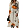 Women's Halloween Print V-Neck Long Sleeve Dress with Pockets for Casual Everyday Wear