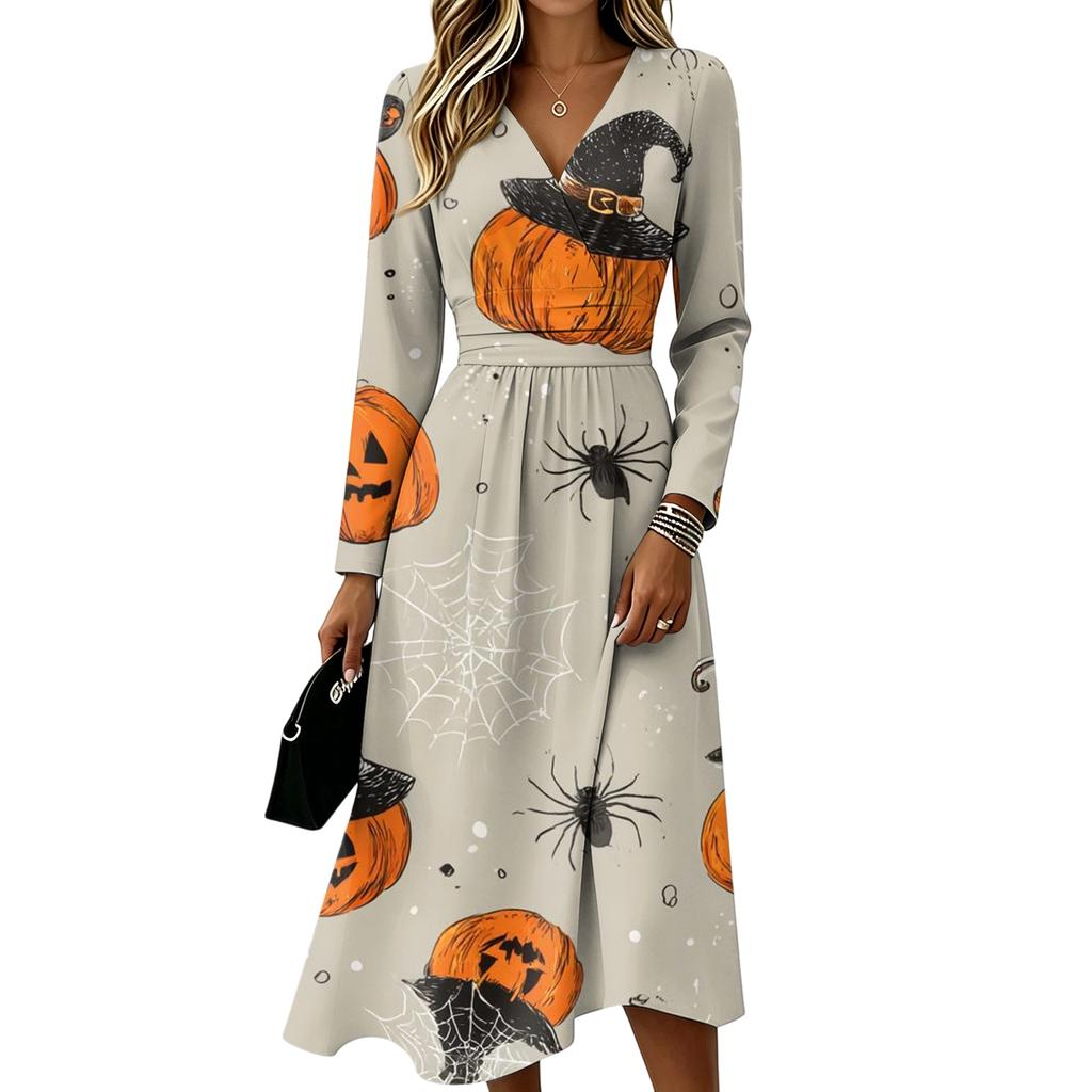 Women's Halloween Print V-Neck Long Sleeve Dress with Pockets for Casual Everyday Wear