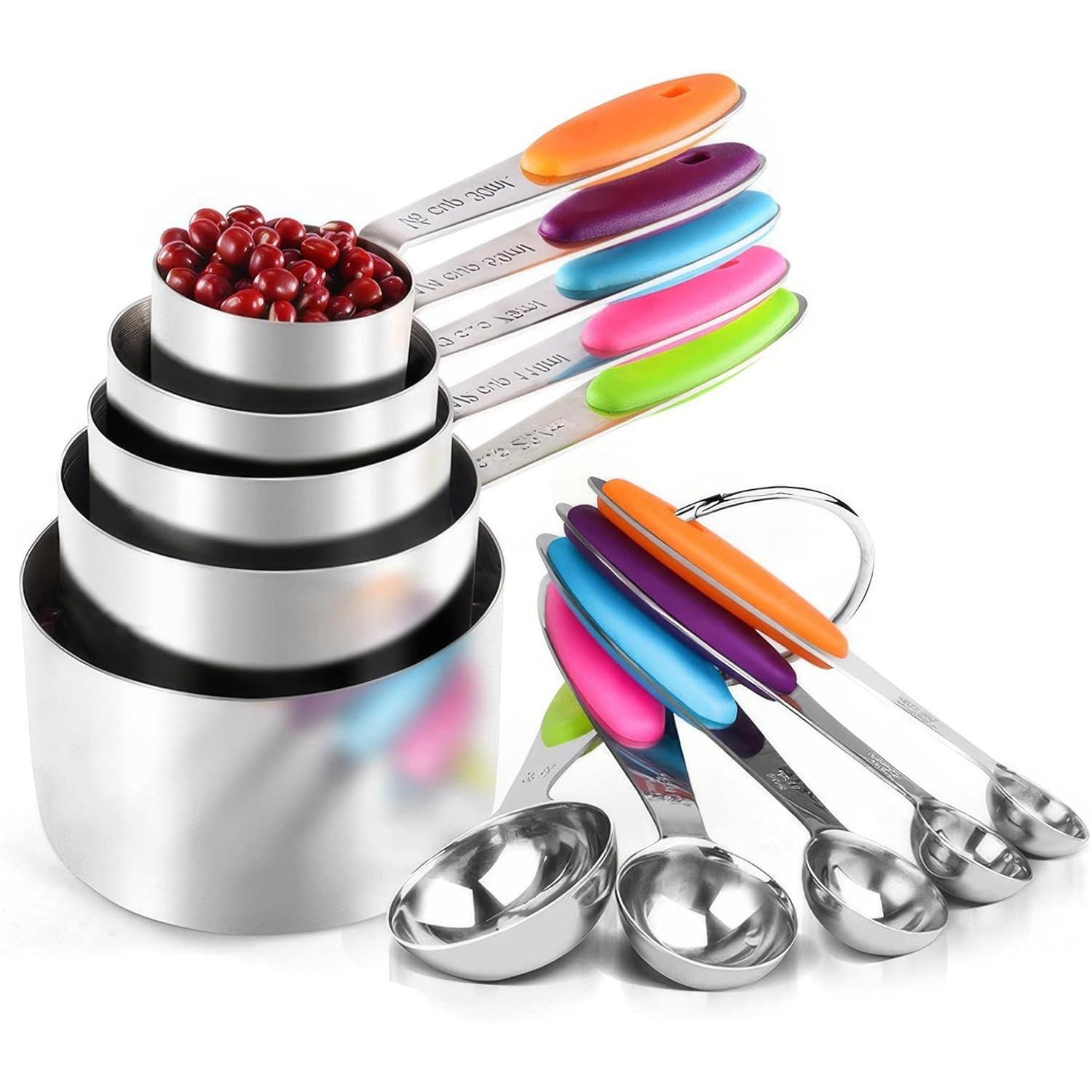 

Набор из 10 мерных чашек и ложек, Штабелируемый набор мерных чашек и ложек, Наборы мерных ложек из нержавеющей стали со шкалой, 5 чашек и 5 ложек A001