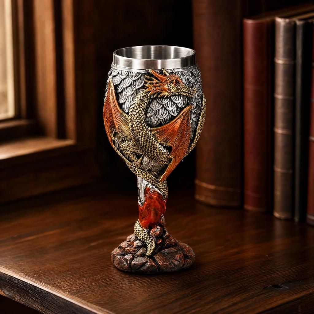 Resin Goblet with Stainless Steel Interior Decorative Dragon Embossed