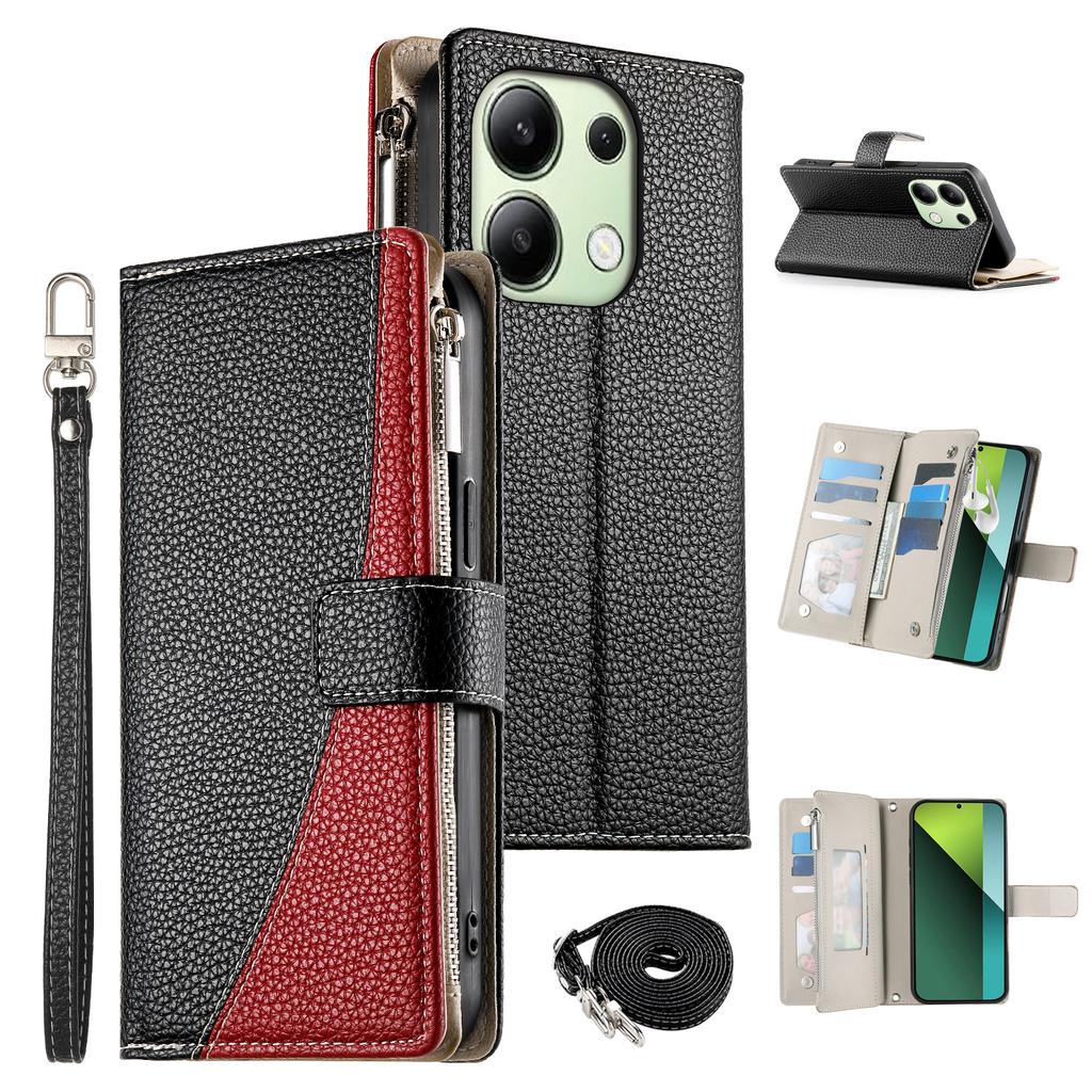 For Xiaomi Redmi Note 13 4G Case Zipper Wallet Color Splicing Leather Flip Phone Cover with Straps