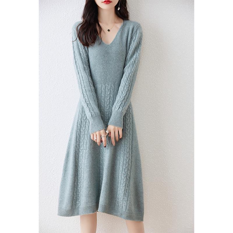 Women's Extra-Long V-Neck 100% Wool Knitted Dress with Thickened Waist-Cinching Skirt - Autumn/Winter Collection