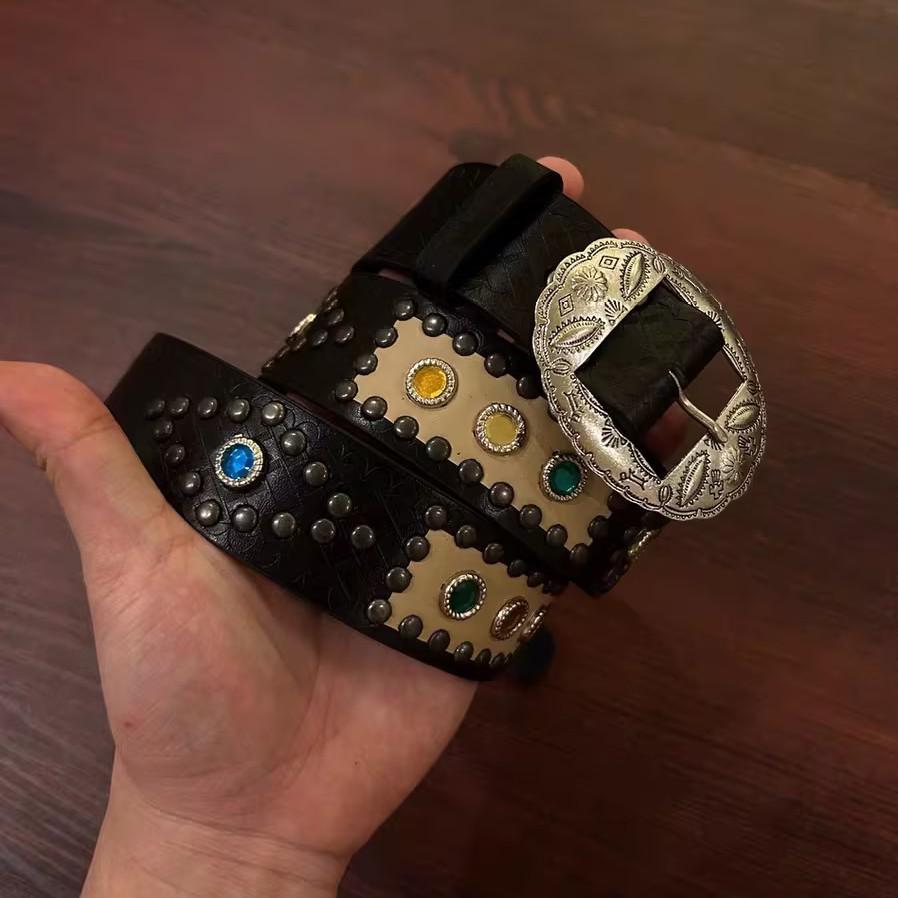 Vintage Western Carved Gemstone Leather Belt for Men and Women