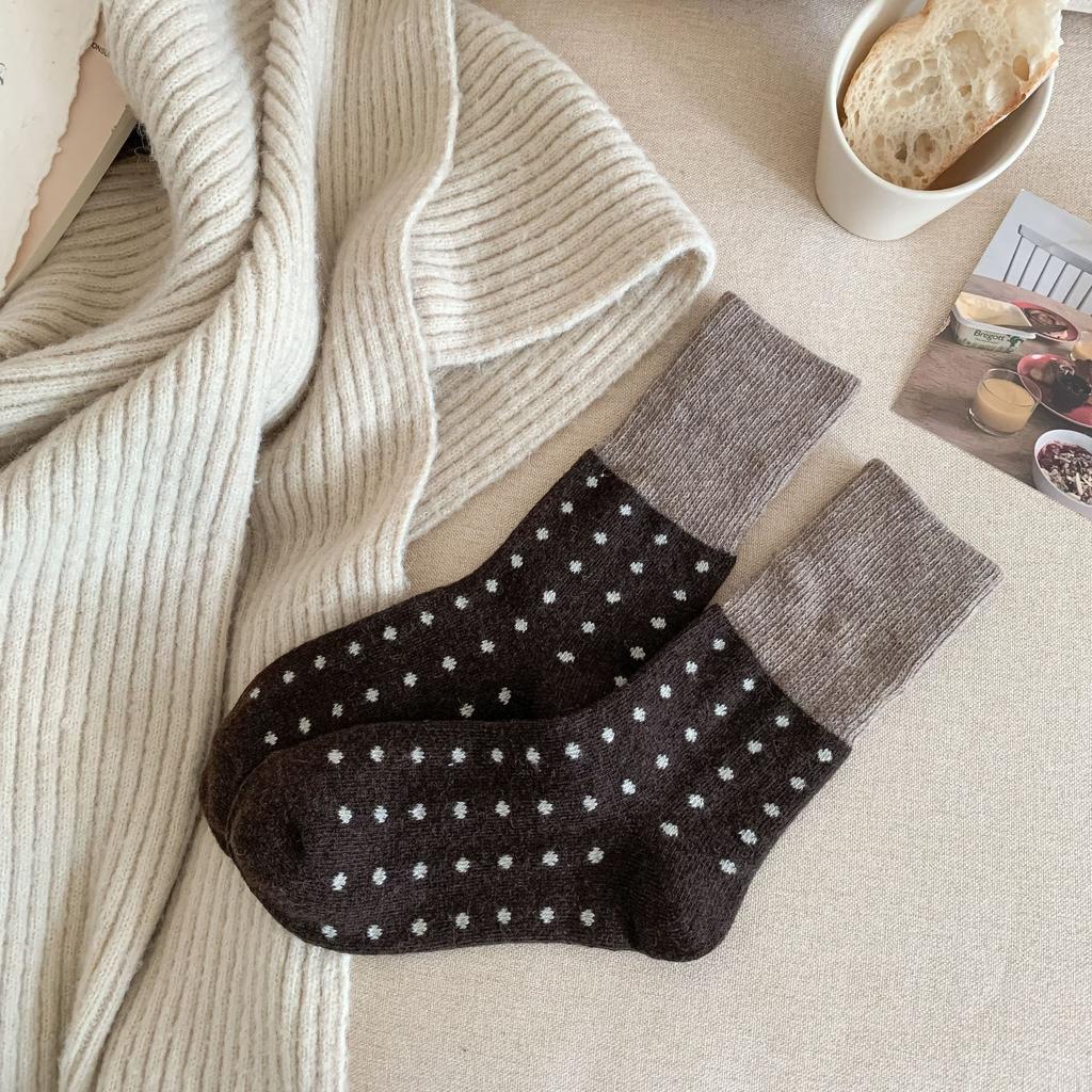 Vintage Socks Contrasting Color Stacked Socks Polka Dot Thickened Warm Mid-Tube Wool Small Color Blockage Women
