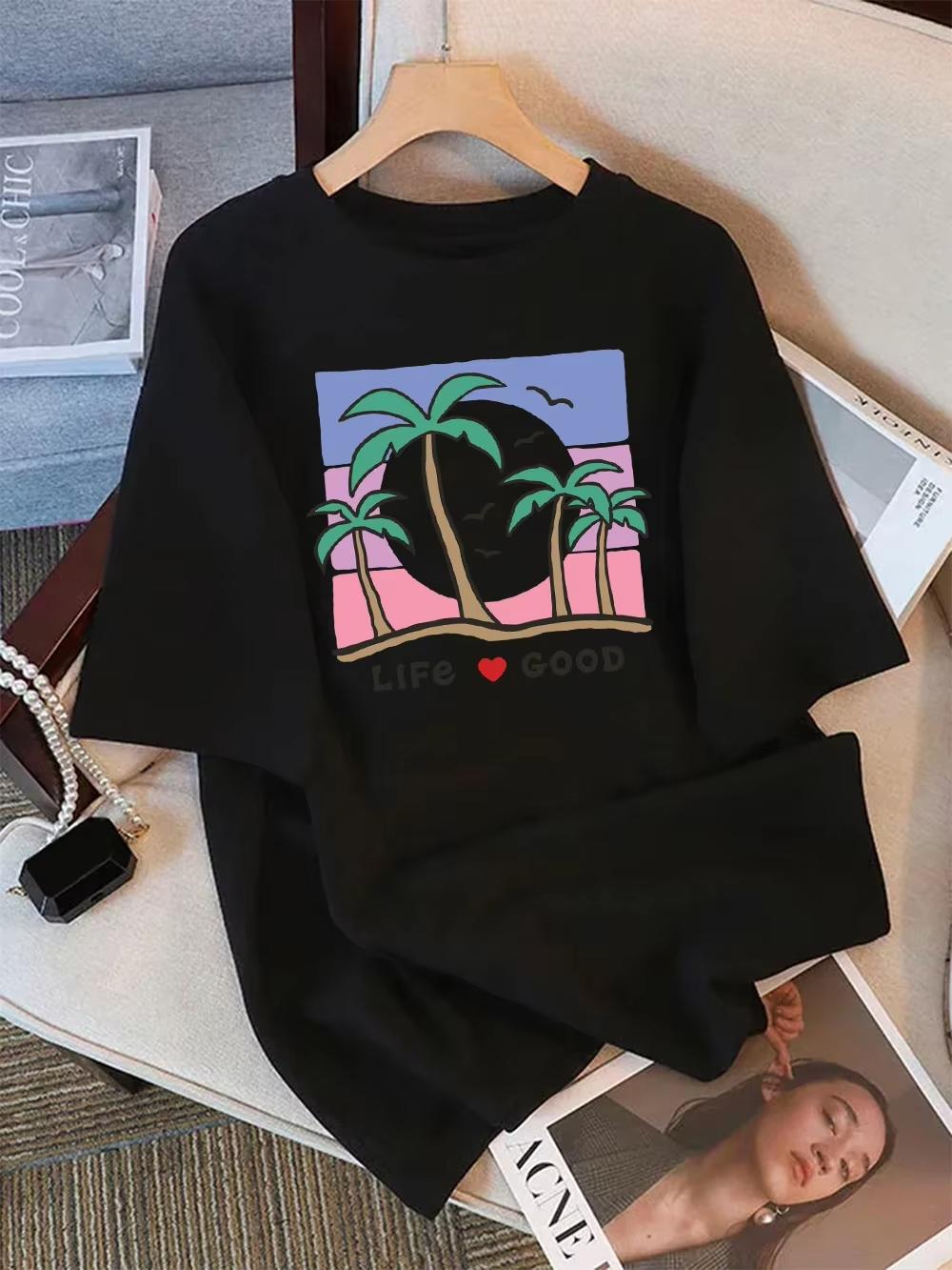 

Women s T-shirt Life Love Coconut Tree Print T-shirt Loose Soft Short Sleeve Round Neck Top Basic Women s Clothing Graphic 4XL