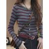 Women's Gray Striped Knitted Cardigan Coat - Round Neck, Long Sleeve, Slimming Inner Layer Sweater Top
