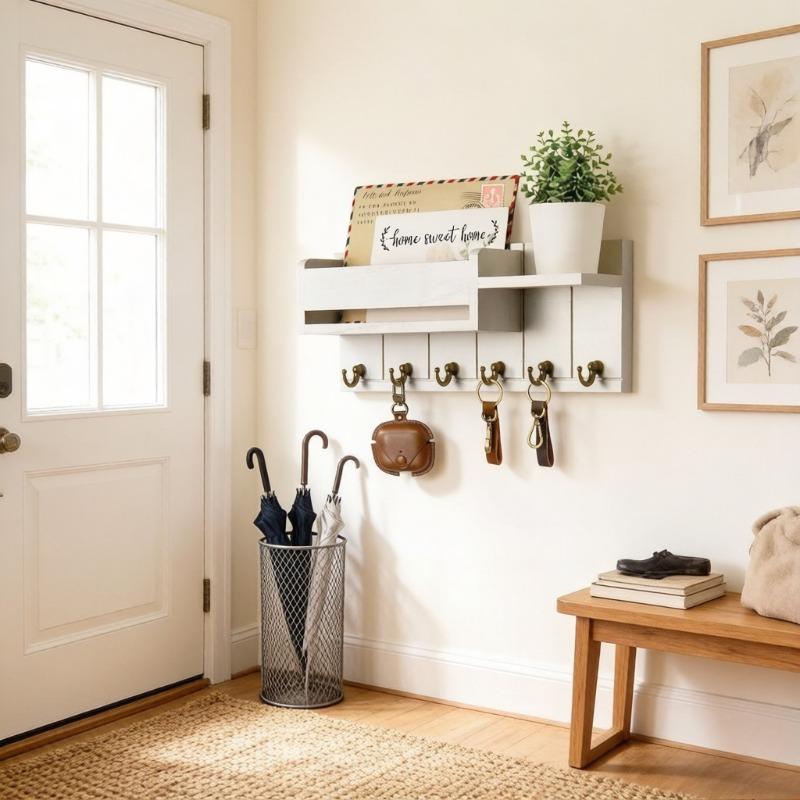 

Rustic Wood Key Holder with Shelf & 6 Hooks, Wall Mail Organizer for Entryway белый