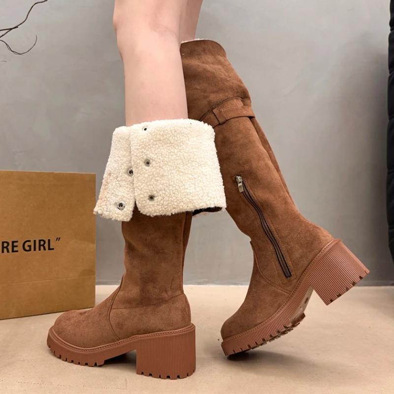 Long Women Boots Fur High Heels Designer Suede Shoes Chunky Fashion Winter Boots  Knee High Fashion Pumps Dress Ladies Boots
