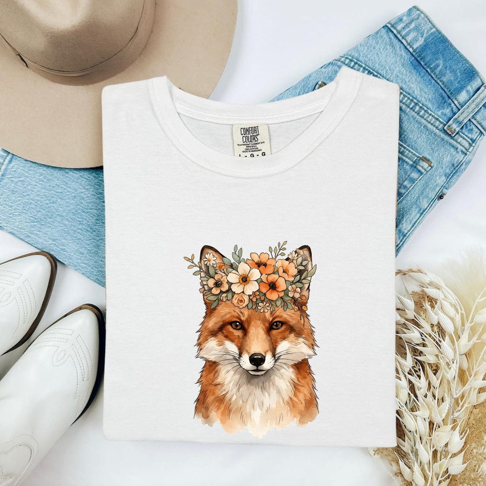 Fox Floral Crown Shirt Animals & Flowers Woodland Gift Women Watercolor Tee Fox Crown T-Shirt Wildlife Fan Watercolour Tshirt Forest Graphic 2XL