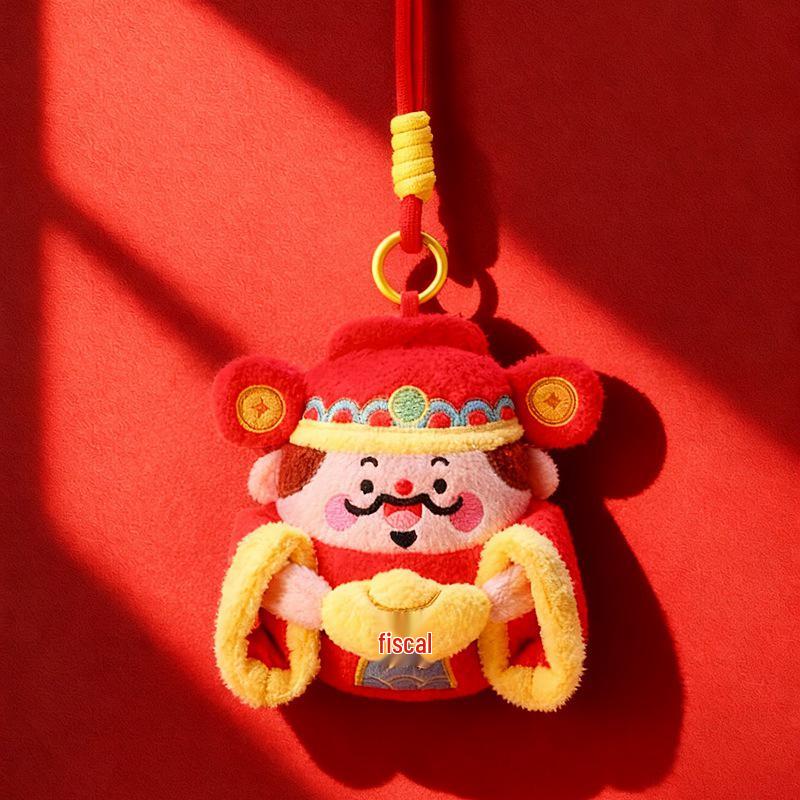 Chinese New Year Lucky Tiger Plush Pendant with Wealth God, Ingots, Copper Coins, Koi, & Horse Year Decoration
