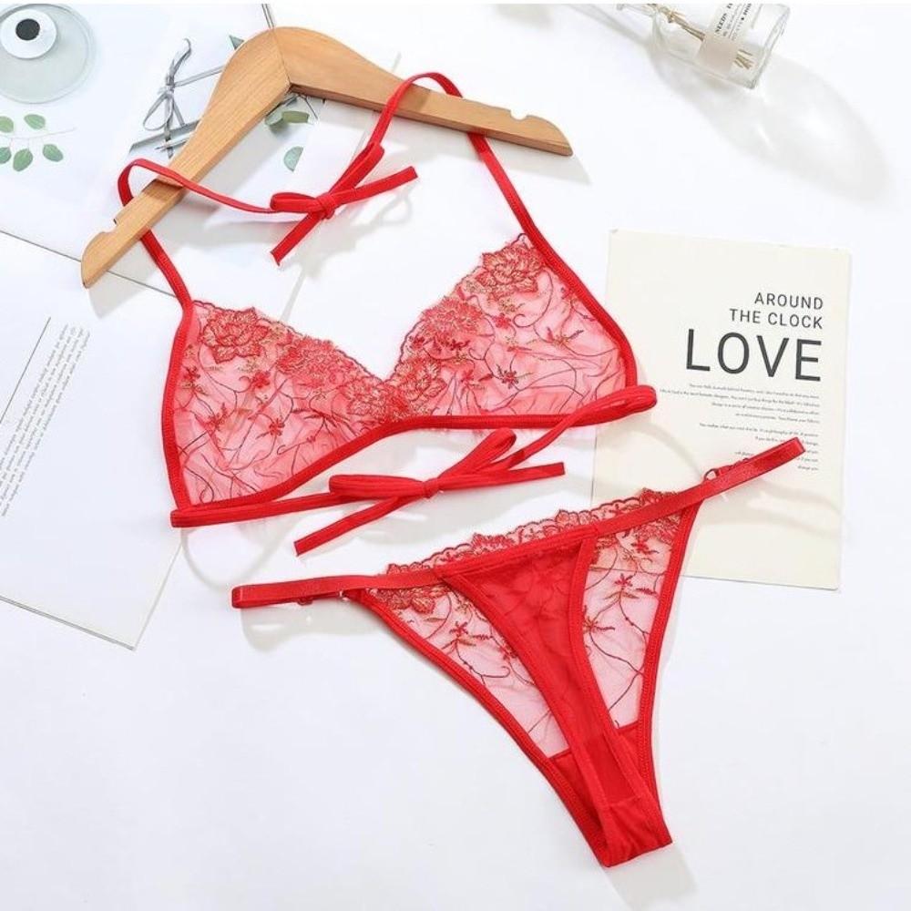 Thin Belt Thong Sheer Flower Thong Bra Set Embroidery Underwear for Women Romantic Night