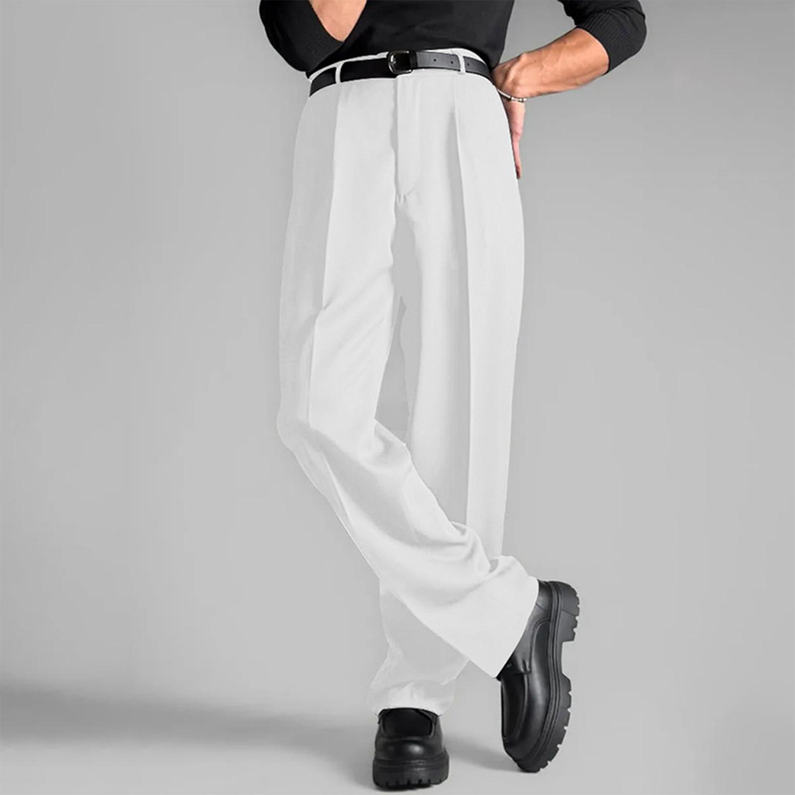 

Men’s Dress Pants Straight Leg Pleat-Front Casual Suit Pants Plain Comfort Work Business Trouser Long XL білий