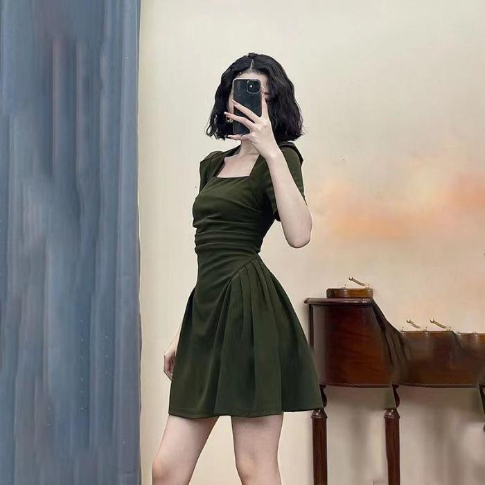 High-end French Square Neck Dress Women's Summer New Niche Waist and Thin Small A-word Short Skirt
