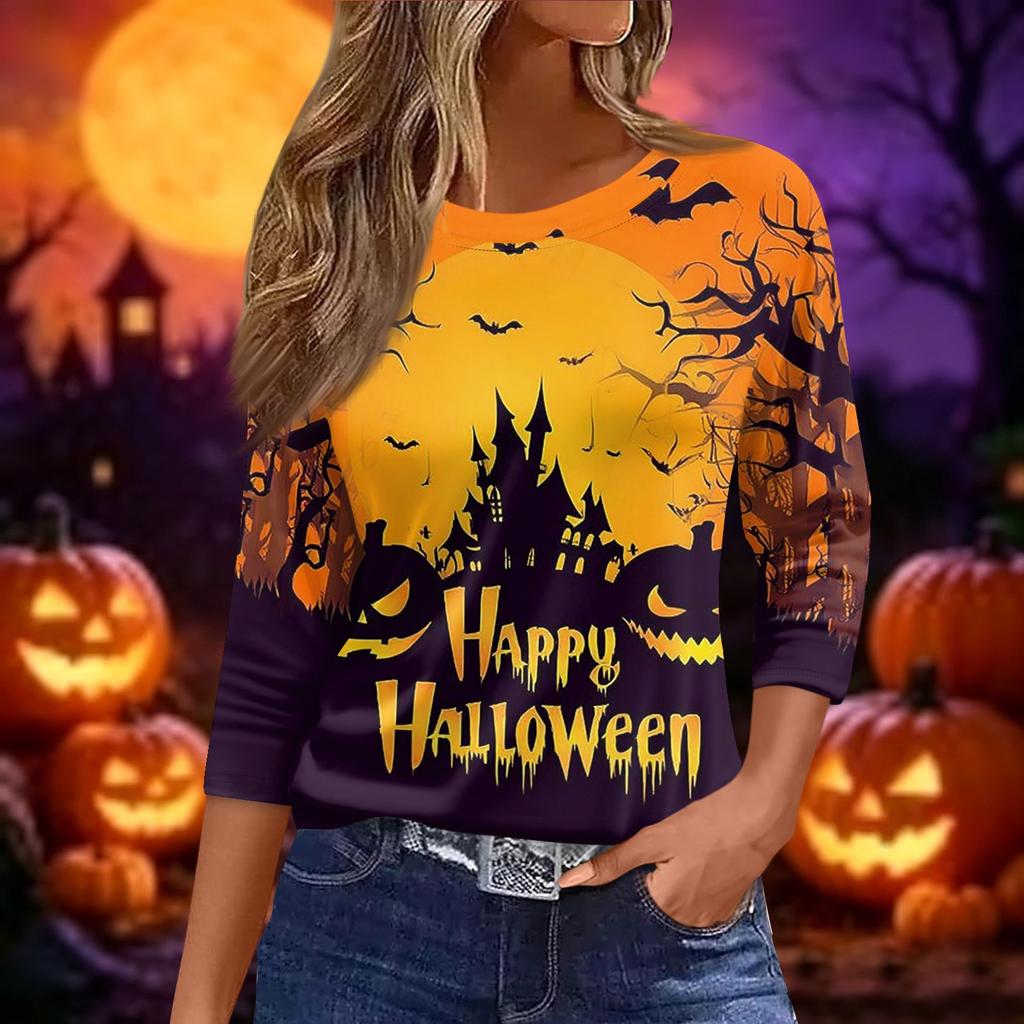 Women's Halloween Print Casual Loose Fit Round Neck Three Quarter Sleeve Shirt Lightweight Comfortable Top for Fall Season