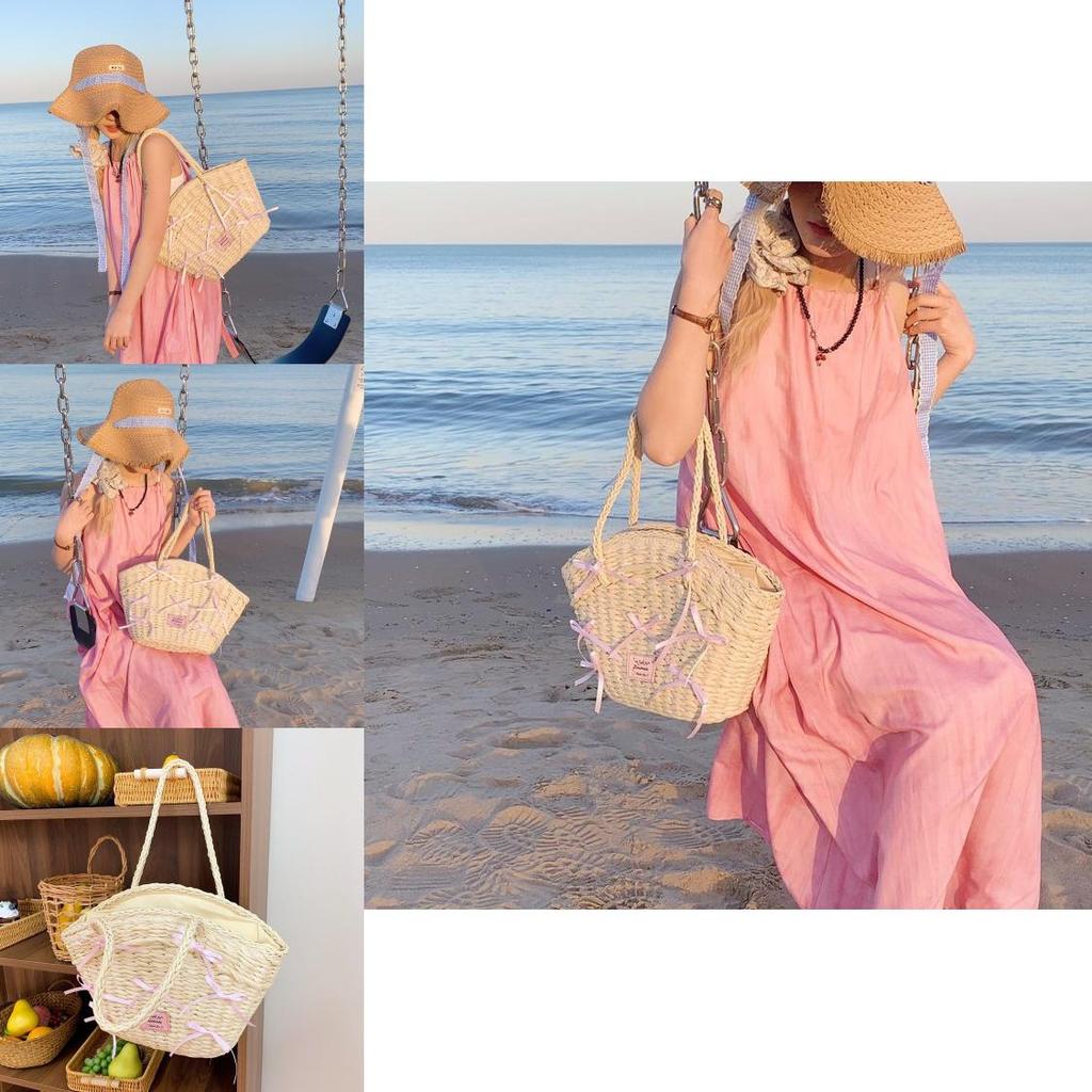 Einfache Rosa Schleife Dekoration Damen Lässige Grasgewebte Handtasche Für Den Täglichen Gebrauch Und Strandausflüge