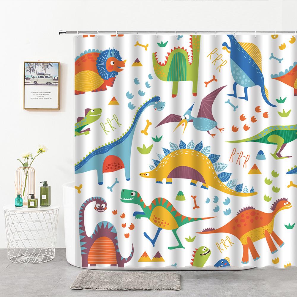 Cartoon Dinosaur Shower Curtain Fabric Hooks Children's Room Decoration Cloth Toilet Bath Curtain Home Background Wall Covering