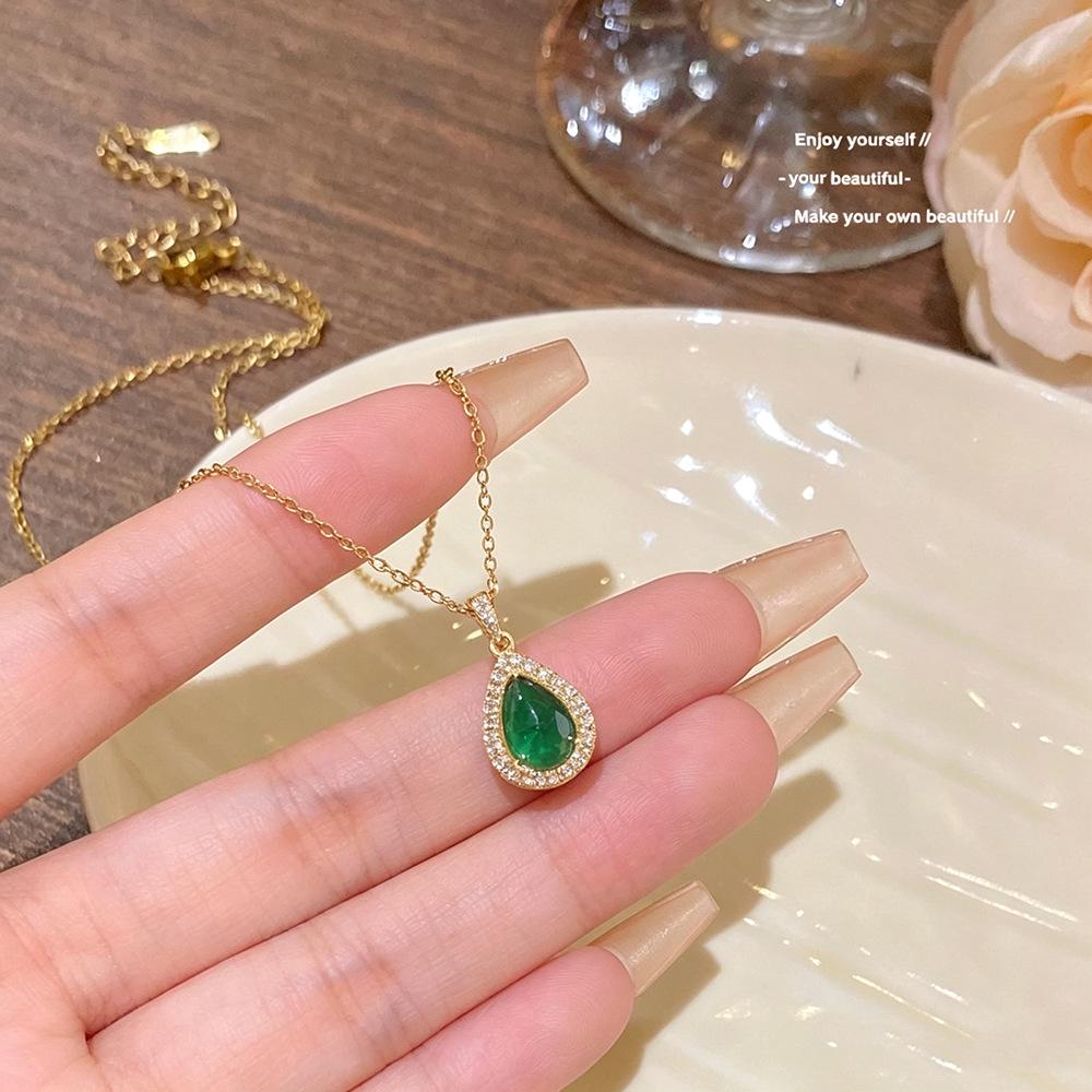 Emerald Water Drop Zircon Pendant Necklace - Exquisite INS Style Luxury Clavicle Chain