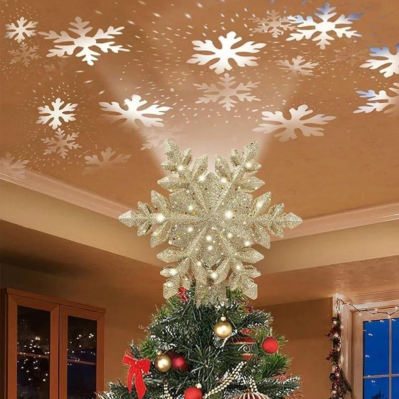 Christmas Tree Topper Projector Gold Star with Highlight LED Rotating Snowflakes and Santa Claus Projector Xmas Tree Top Decore
