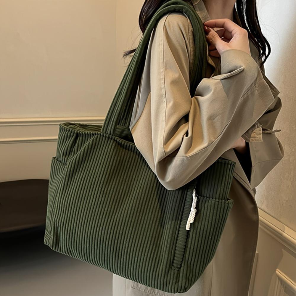 A Casual Corduroy Handbag with Zip Closure, Lightweight and Large Capacity, Fixed Shoulder Strap and Polyester Lining, Solid Everyday Commuter Handbag