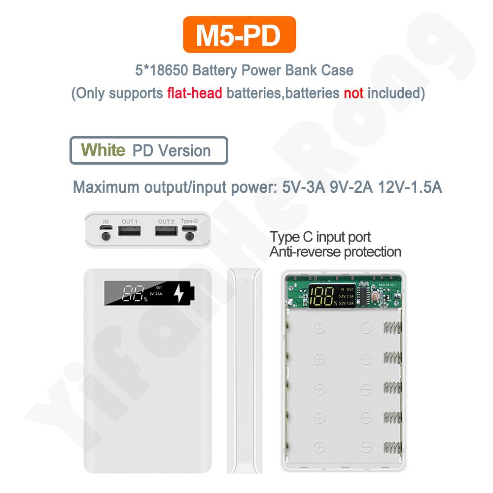 5*18650 Power Bank Case Dual USB For Mobile Phone Charger DIY Shell 18650 Battery Holder Charging Box With LED Flashlight