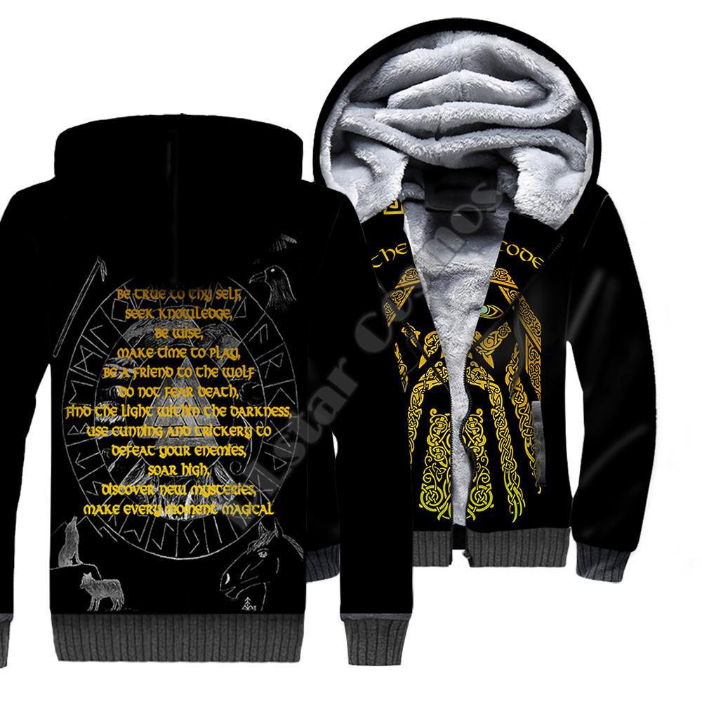 Men's Viking Tattoo 3d Print Zipper Hooded Fleece Double Layer Sweatshirt