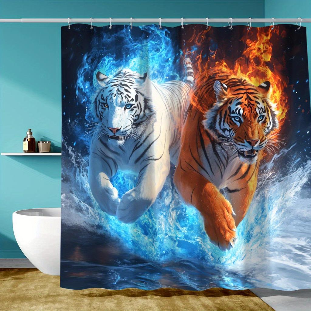 1Pc Creative Ice And Fire Forest King Tiger Theme Digital Printed Shower Curtain, Polyester Shower Curtain With Hooks, Bathroom