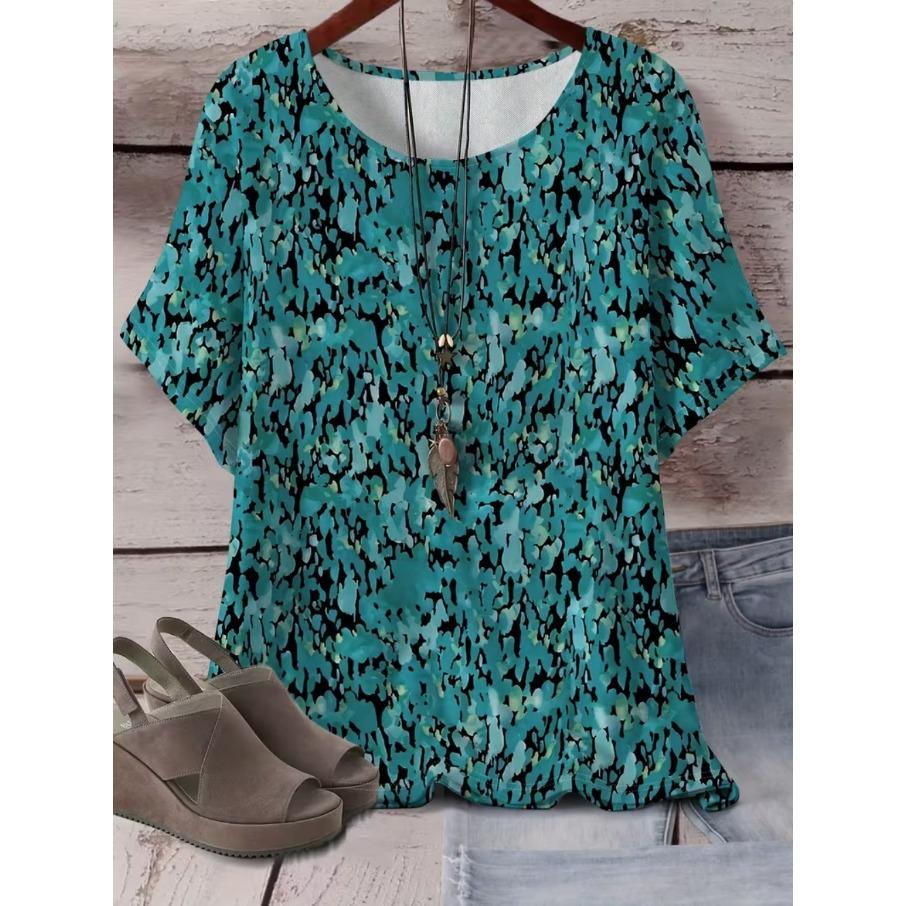 XL-7XL Plus Size Women's Gradient Casual 3D Print Loose V Neck Short Sleeved T-shirt Top