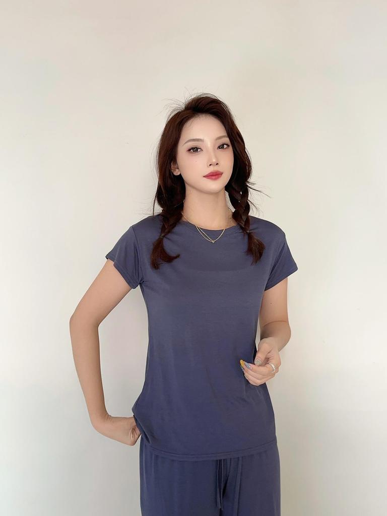 Damski bawełniany T-shirt z krótkim rękawem w jednolitym kolorze – Casualowy luźny krój, prosty letni styl