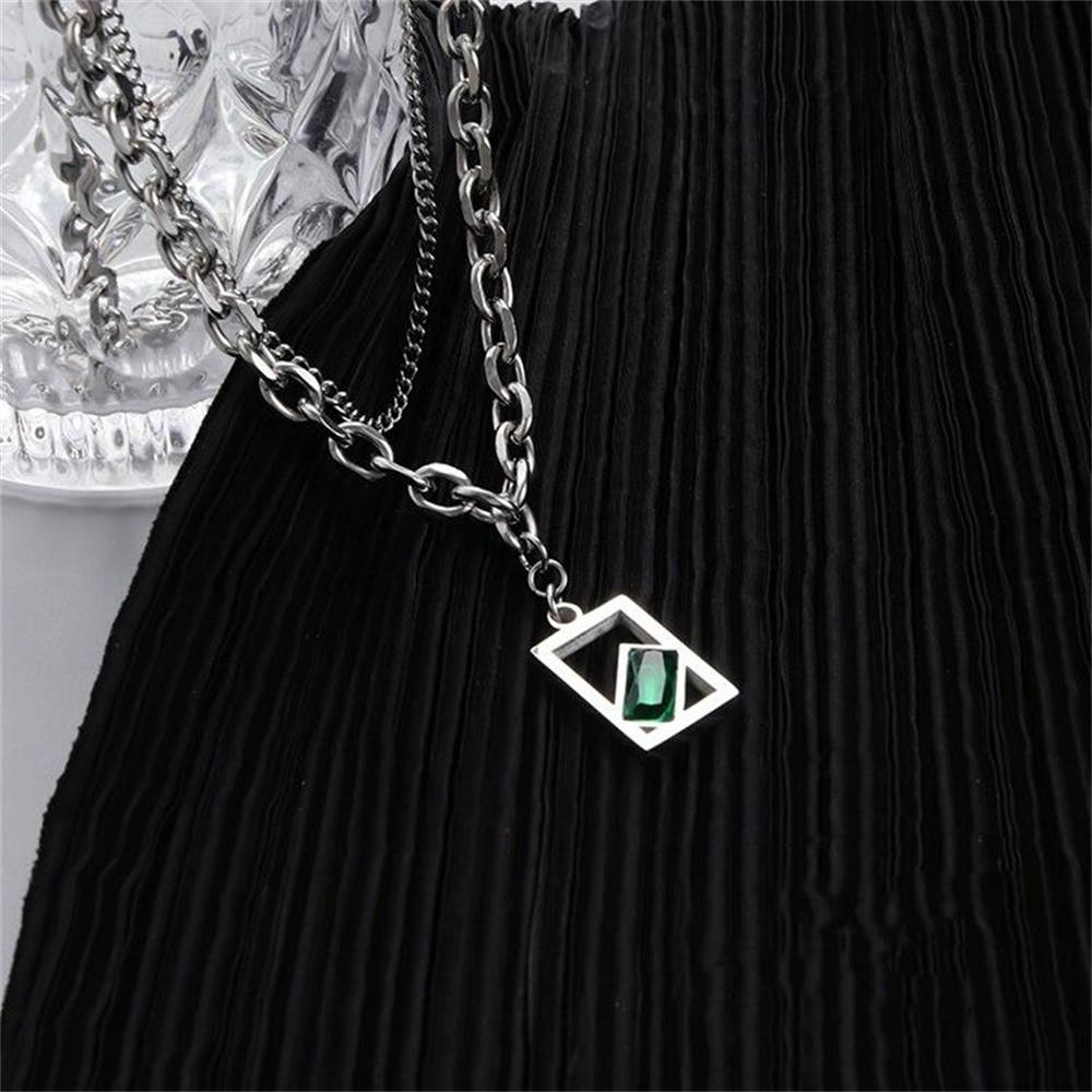 Titanium Steel Double Layer Green Zircon Necklace For Men Women Fashion Square Pendant Spliced Bead Chain Male Kpop