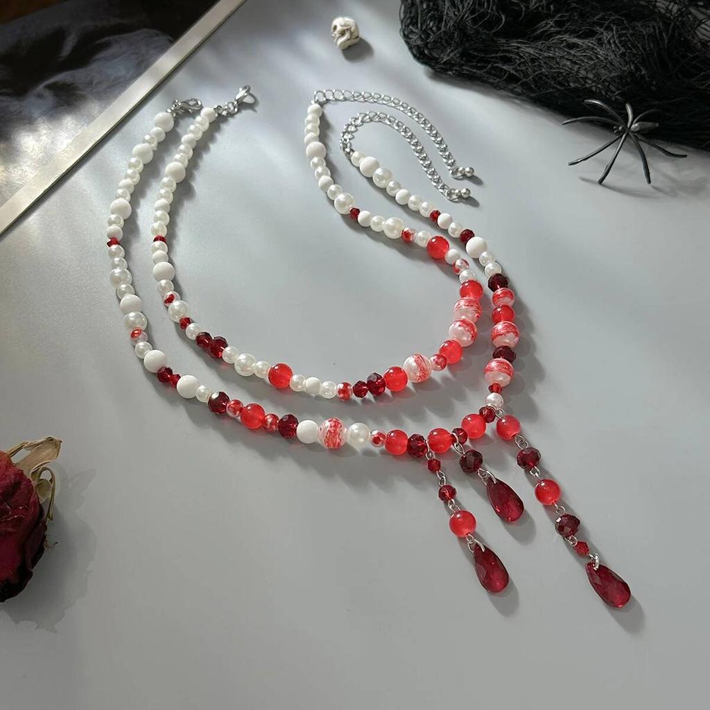 Salircon Gothic Red Blood Pattern Imitation Pearl Tassel Pendant Necklace Women Exquisite Crystal Bead Choker Halloween Jewelry