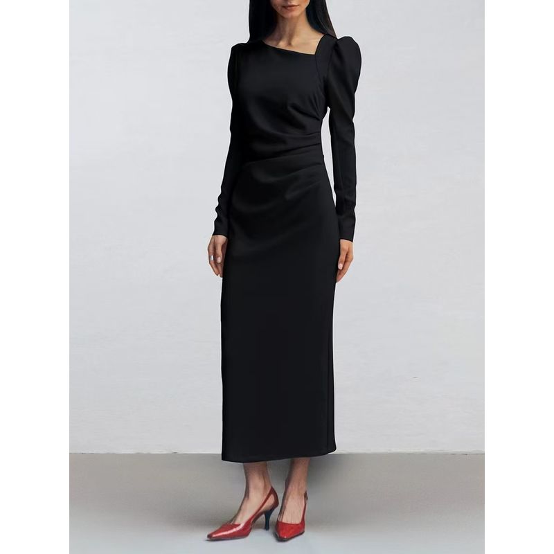 New Russian Irregular Collar Long sleeve Split Dress Ircollar Regular Slit Dress