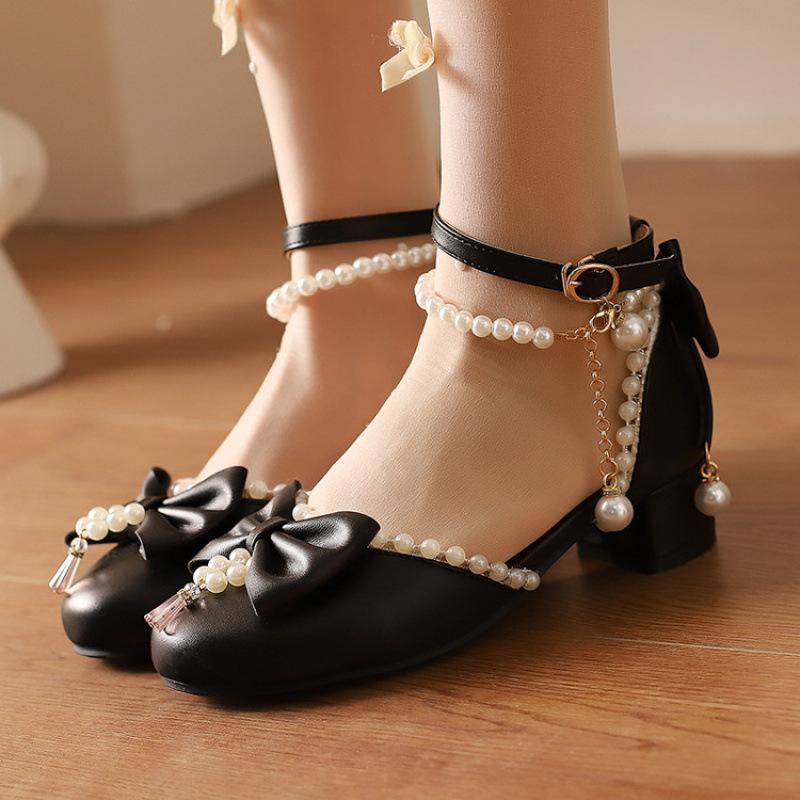 

New girls sandals medium older children s princess shoes little girl student lolita high heels bow children s sandals 39 (inner length 24.5cm) чёрный